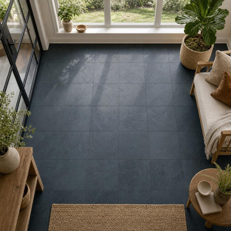 Premium Black 12x12 Gauged Slate Tile — Sunroom floor