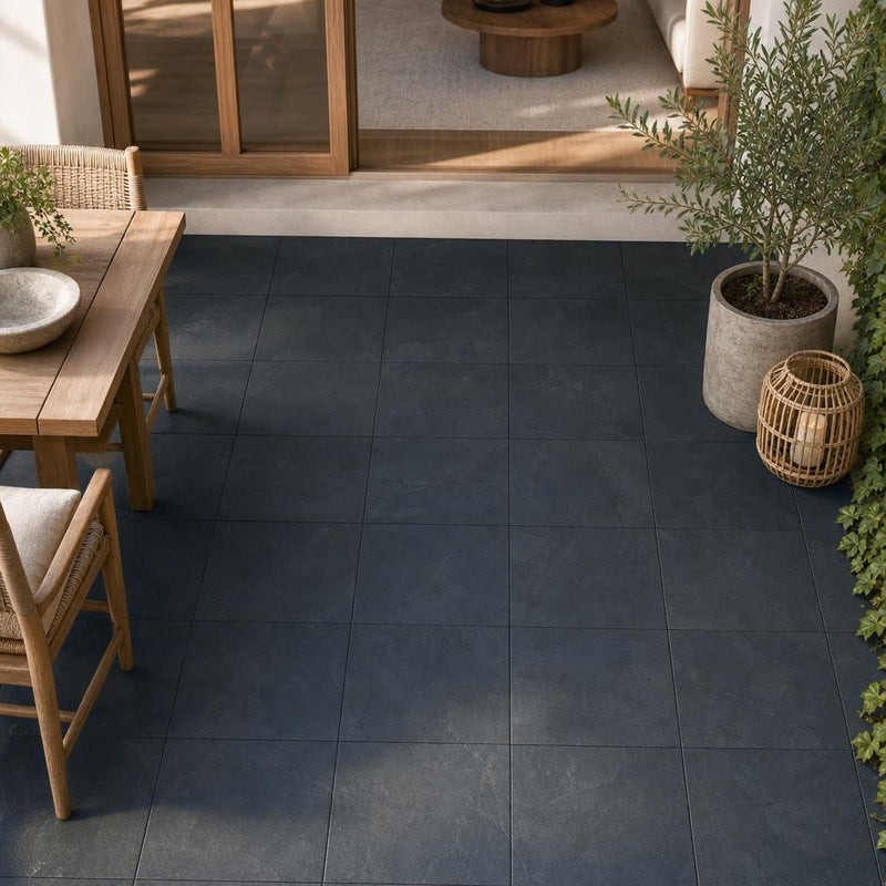 Premium Black 16x16 Gauged Slate Tile — Covered Patio floor