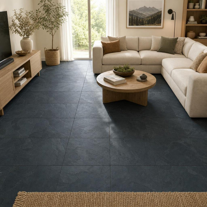 Premium Black 16x16 Gauged Slate Tile — Family Room floor