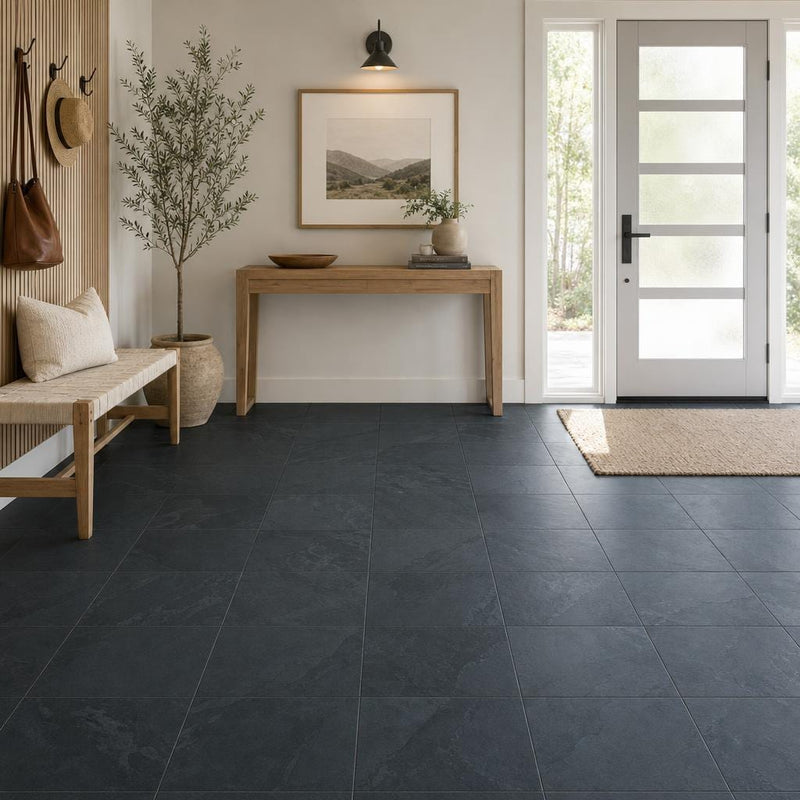Premium Black 16x16 Gauged Slate Tile — Foyer floor