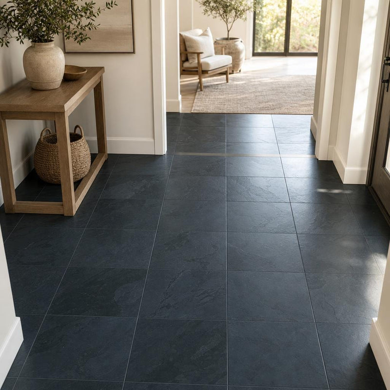 Premium Black 16x16 Gauged Slate Tile — Hallway floor
