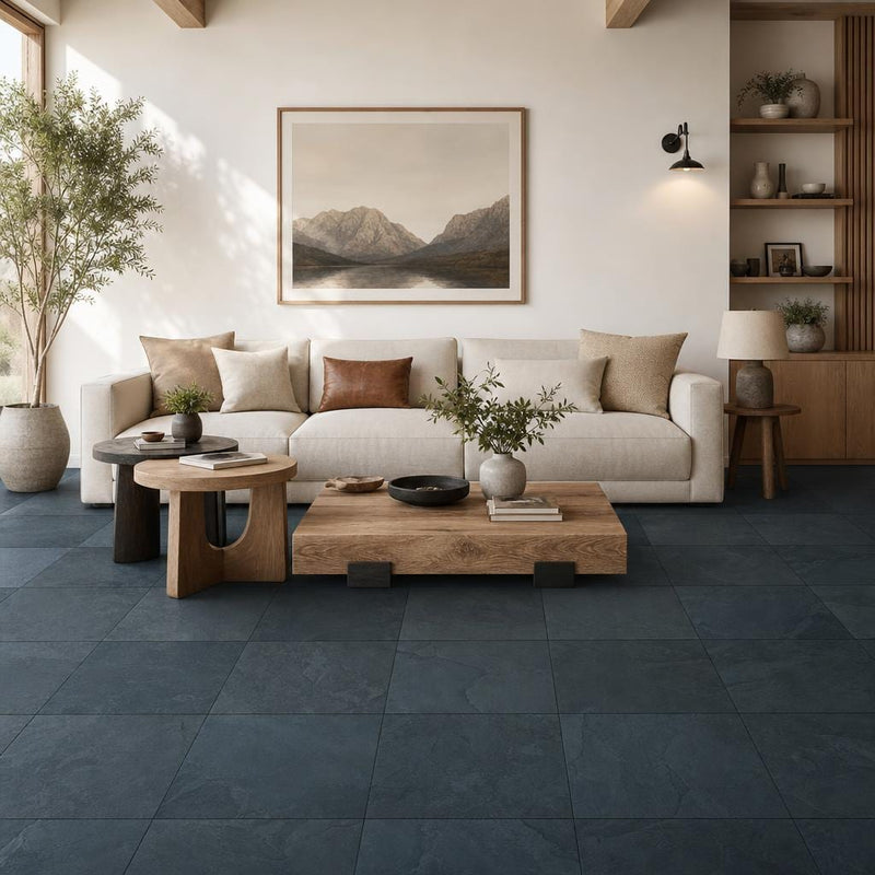 Premium Black 16x16 Gauged Slate Tile — Living Room floor