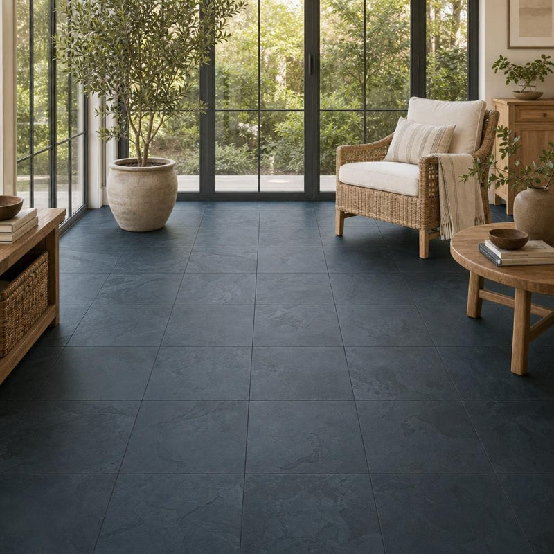 Premium Black 16x16 Gauged Slate Tile — Sunroom floor