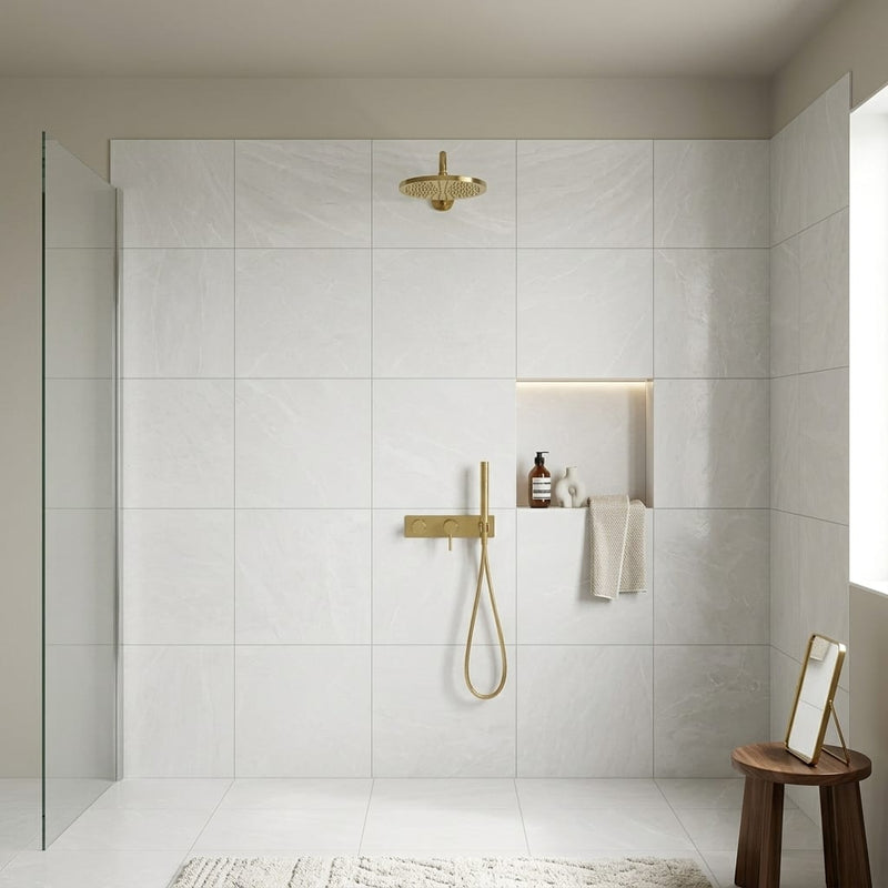 Puccini Blanco 24x24 Matte Marble Look Porcelain Tile — Bathroom shower wall