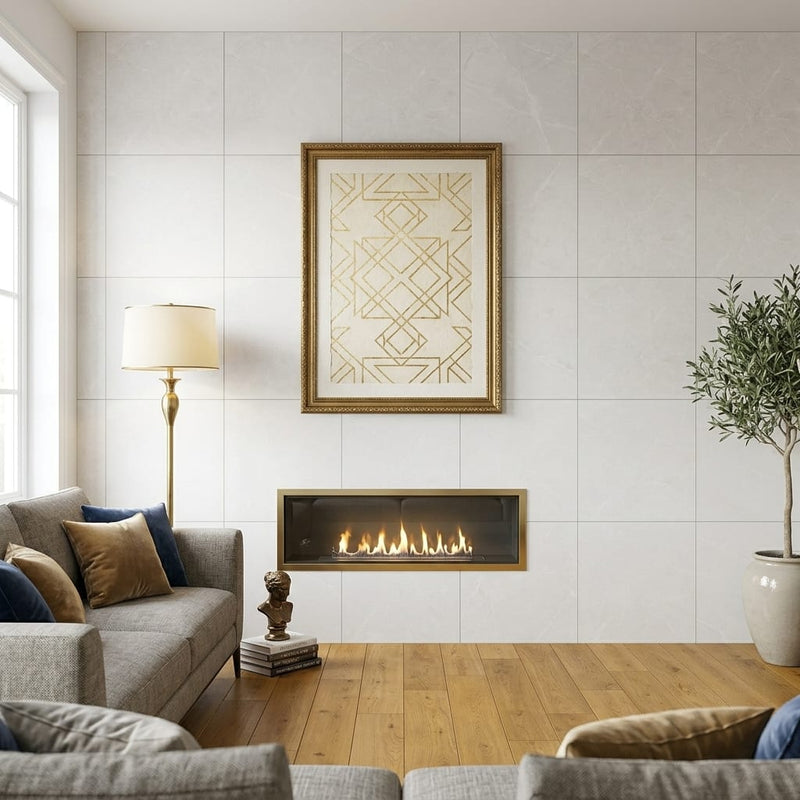 Puccini Blanco 24x24 Matte Marble Look Porcelain Tile — Living Room feature wall