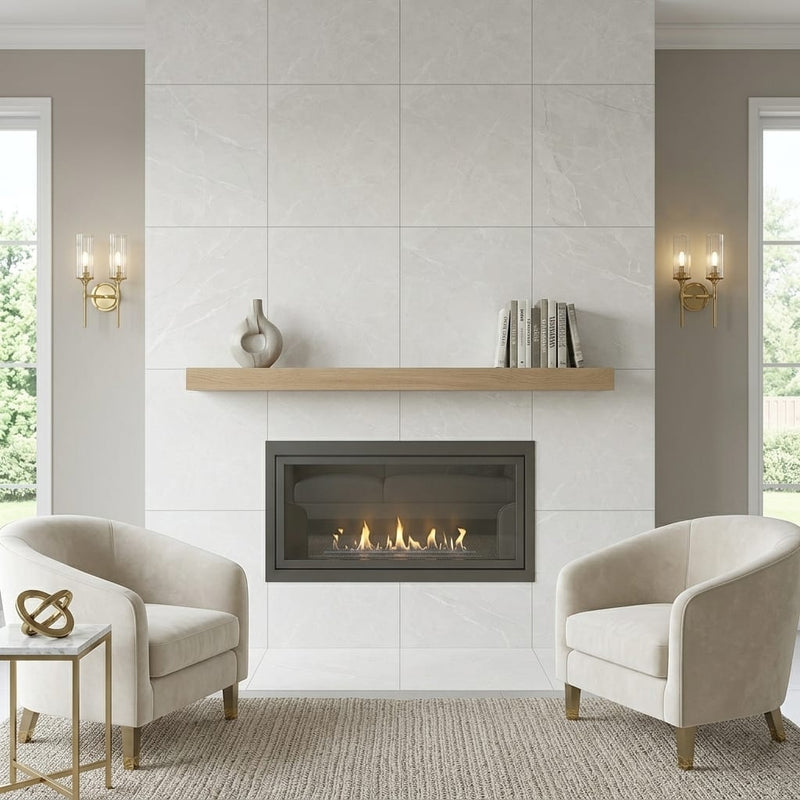 Puccini Blanco 24x24 Matte Marble Look Porcelain Tile — Living Room fireplace surround