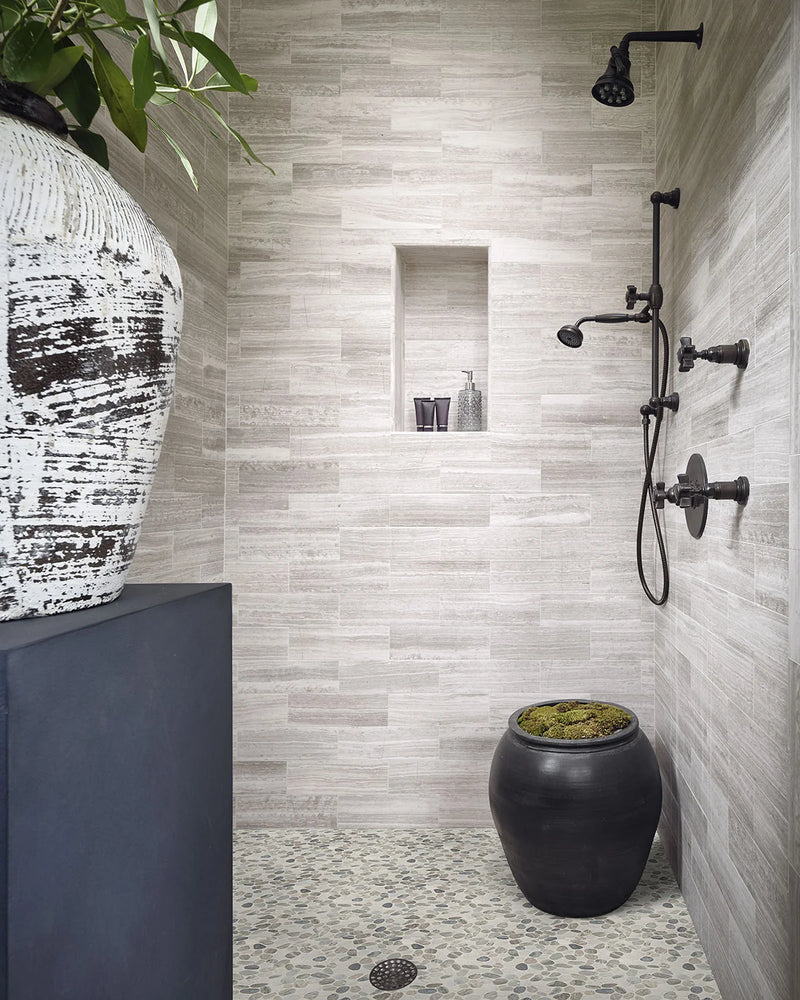 Puebla Greige Pebble Pattern Tumbled 0.38 Inch Marble Mosaic Tile