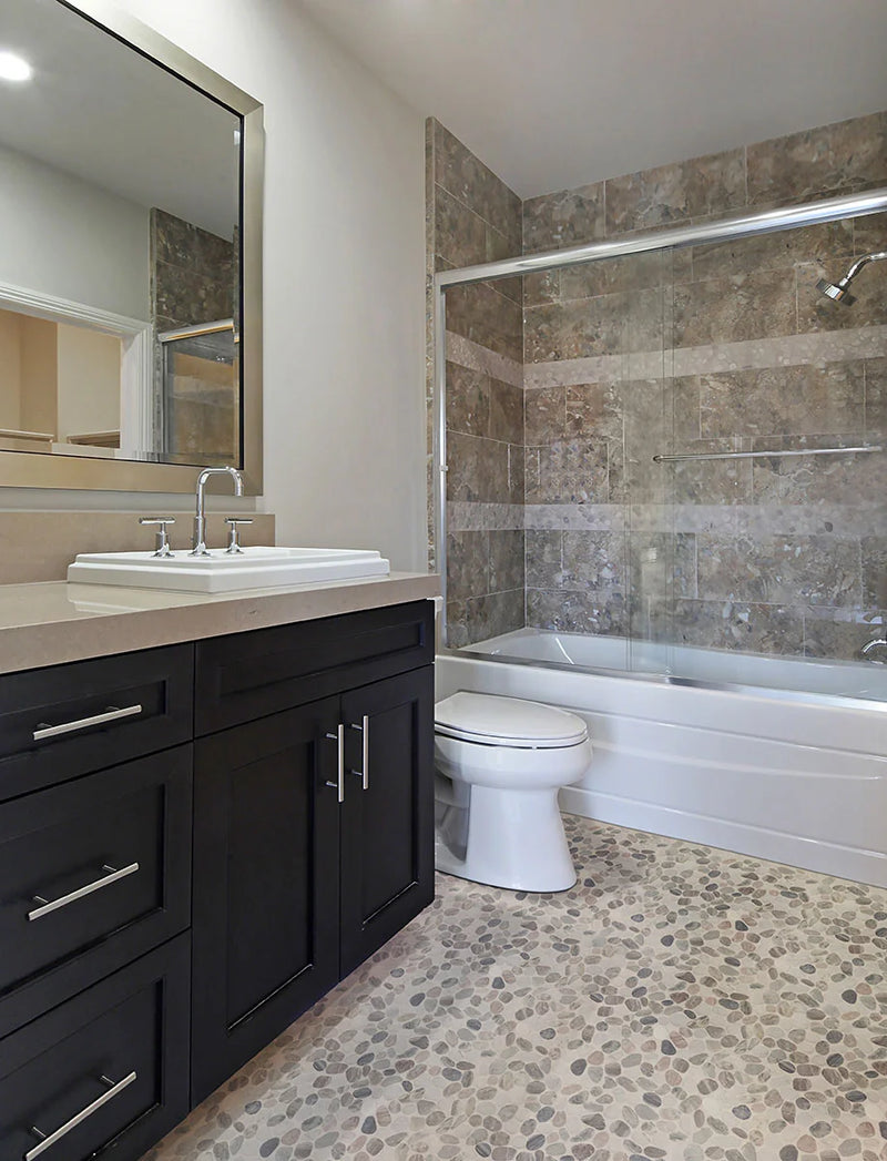 Puebla Greige Pebble Pattern Tumbled 0.38 Inch Marble Mosaic Tile