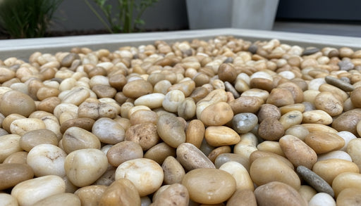 Close-up of Yellow Stone Polished 5 - 8CM (2 - 3 1/8 Inch) Large Yellowultra Pebbles, in Yellow tones.