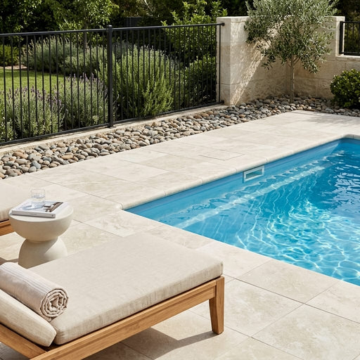 QDI Light 12x12 Unfilled & Honed Travertine Single Bullnose Pool Coping — Swimming Pool pool edge drop-face coping