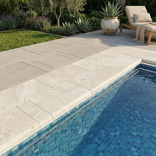 QDI Light 12x24 Tumbled Travertine Single Bullnose Pool Coping — Swimming Pool remodel pool edge