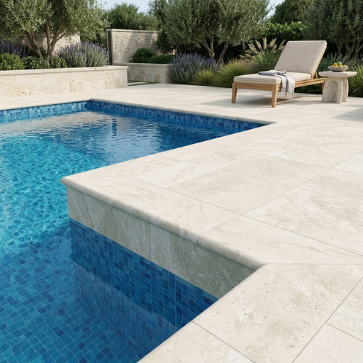QDI Light 12x24 Unfilled & Honed Travertine Single Bullnose Pool Coping — Swimming Pool pool edge drop-face coping