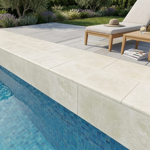 QDI Light 12x24x2 Filled & Honed Travertine Single Bullnose Pool Coping — Swimming Pool remodel pool edge