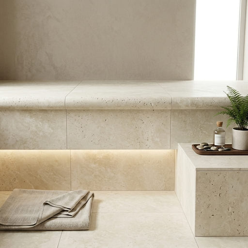 QDI Light 12x24x2 Tumbled Travertine Single Bullnose Pool Coping — Spa spa overhang edge