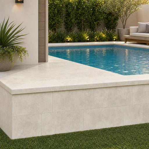 QDI Light 12x24x2 Unfilled & Honed Beveled Travertine Pool Coping — Swimming Pool raised bond beam cap