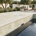 QDI Light 6x12 Tumbled Travertine Single Bullnose Pool Coping — Swimming Pool remodel pool edge