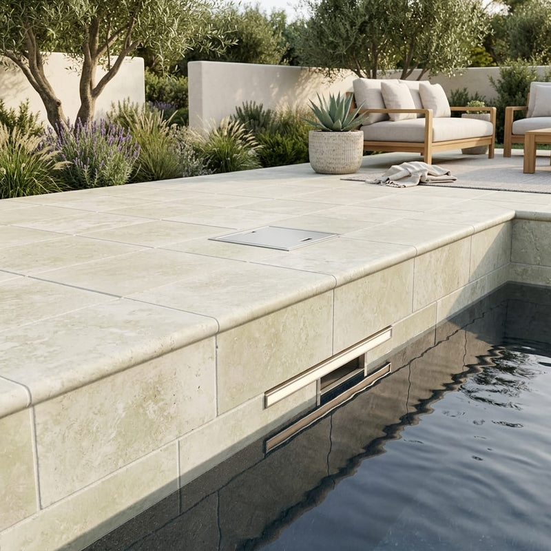 QDI Light 6x12 Tumbled Travertine Single Bullnose Pool Coping — Swimming Pool remodel pool edge