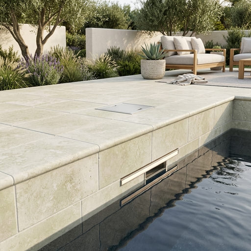 QDI Light 6x12 Tumbled Travertine Single Bullnose Pool Coping — Swimming Pool remodel pool edge