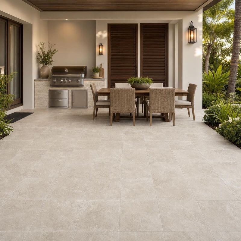 QDI Light Travertine Pavers in Tumbled 12x12 Size — Backyard patio