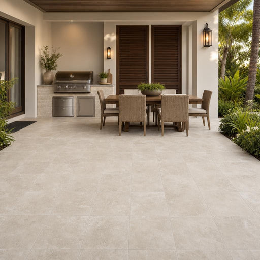 QDI Light Travertine Pavers in Tumbled 12x12 Size — Backyard patio