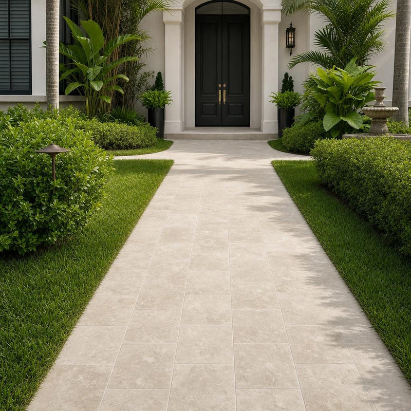 QDI Light Travertine Pavers in Tumbled 12x12 Size — Front Yard walkway