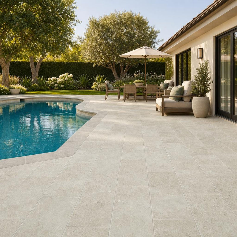 QDI Travertine Paver in Light Shade, Tumbled,12x24, 1.25 inch — Backyard pool deck
