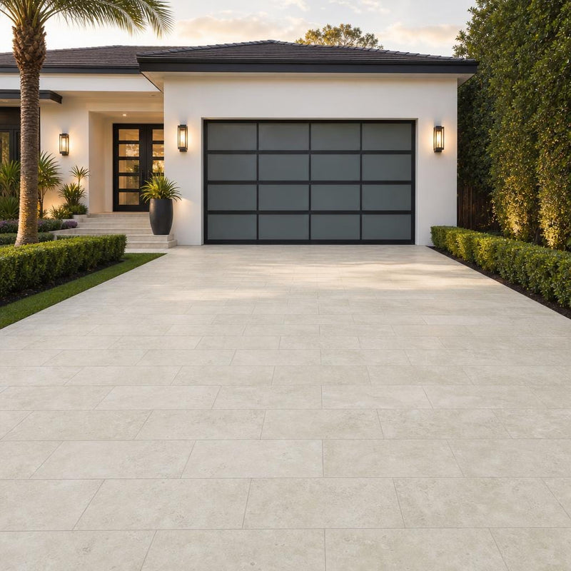 QDI Travertine Paver in Light Shade, Tumbled,12x24, 1.25 inch — Front Yard driveway