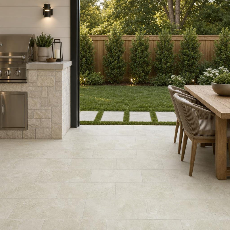 Qdi Light Travertine Paver 12x24 Tumbled 2 inch — Backyard patio