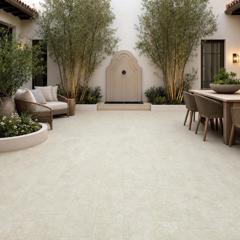 Qdi Light Travertine Paver 12x24 Tumbled 2 inch — Courtyard paving