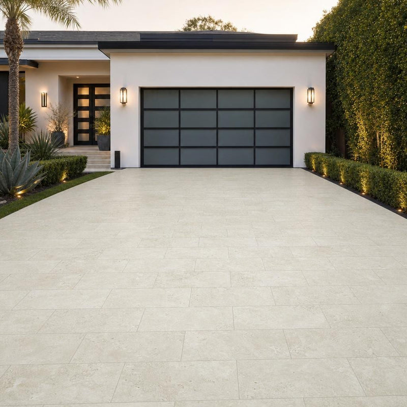 Qdi Light Travertine Paver 12x24 Tumbled 2 inch — Front Yard driveway