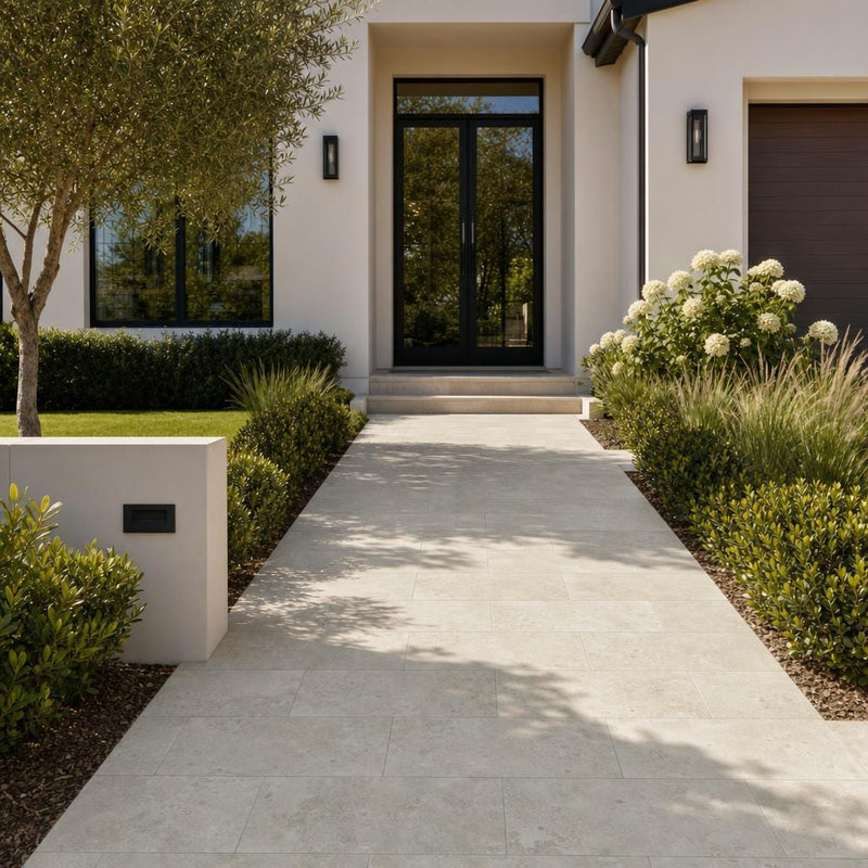 Qdi Light Travertine Paver 12x24 Tumbled 2 inch — Front Yard walkway