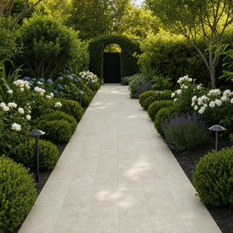 Qdi Light Travertine Paver 12x24 Tumbled 2 inch — Garden path