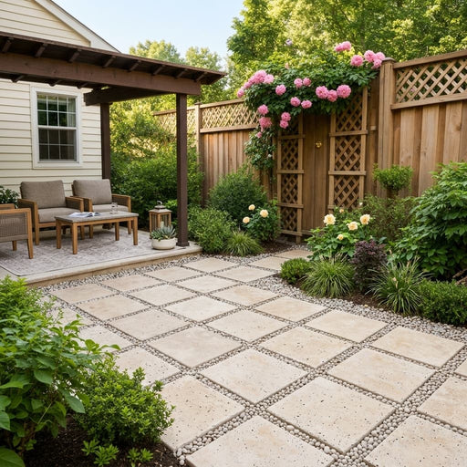 QDI Light Travertine Paver in Tumbled Beige 16x16 size — Backyard patio
