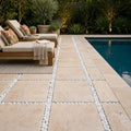 QDI Light Travertine Paver in Tumbled Beige 16x16 size — Backyard pool deck