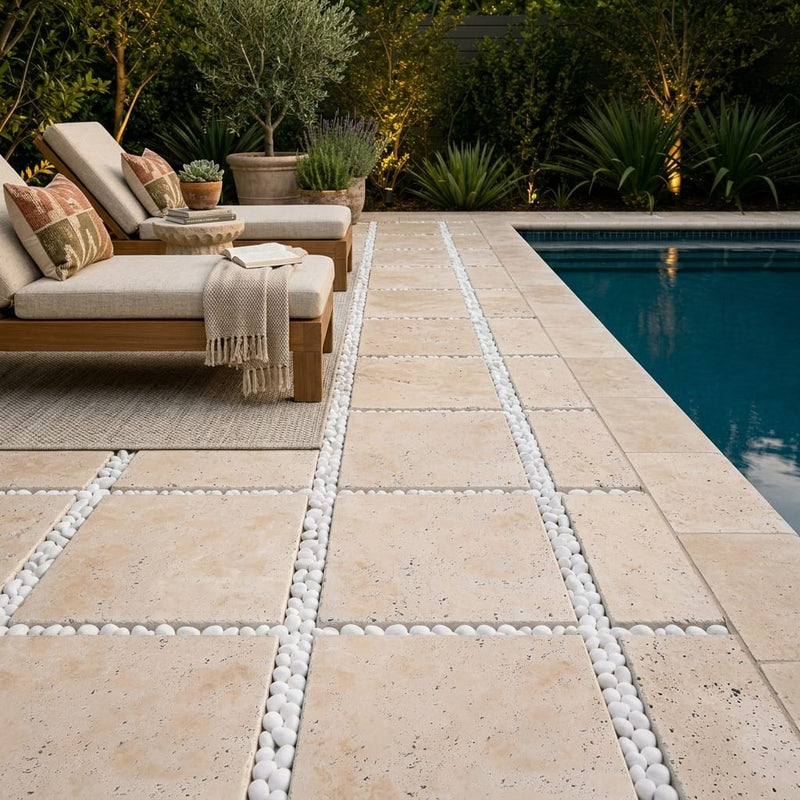 QDI Light Travertine Paver in Tumbled Beige 16x16 size — Backyard pool deck