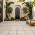 QDI Light Travertine Paver in Tumbled Beige 16x16 size — Courtyard paving