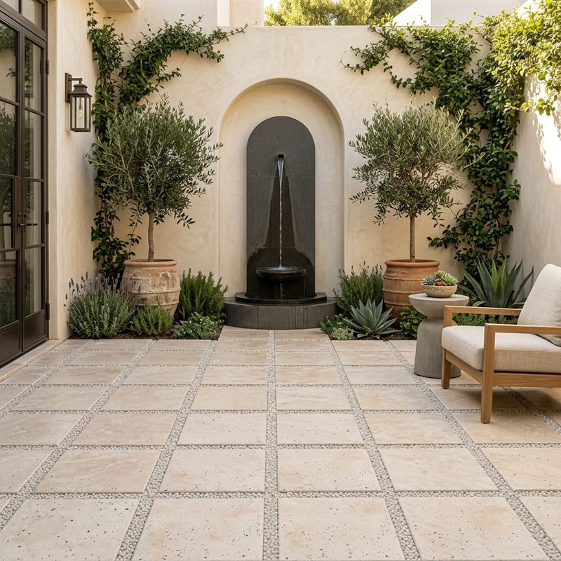 QDI Light Travertine Paver in Tumbled Beige 16x16 size — Courtyard paving