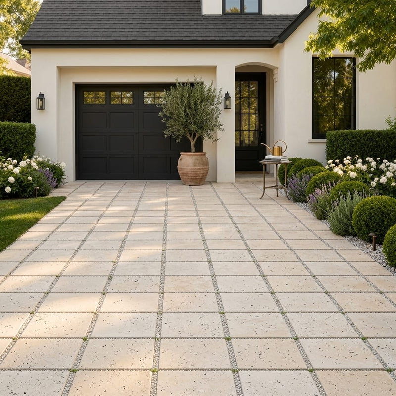 QDI Light Travertine Paver in Tumbled Beige 16x16 size — Front Yard driveway