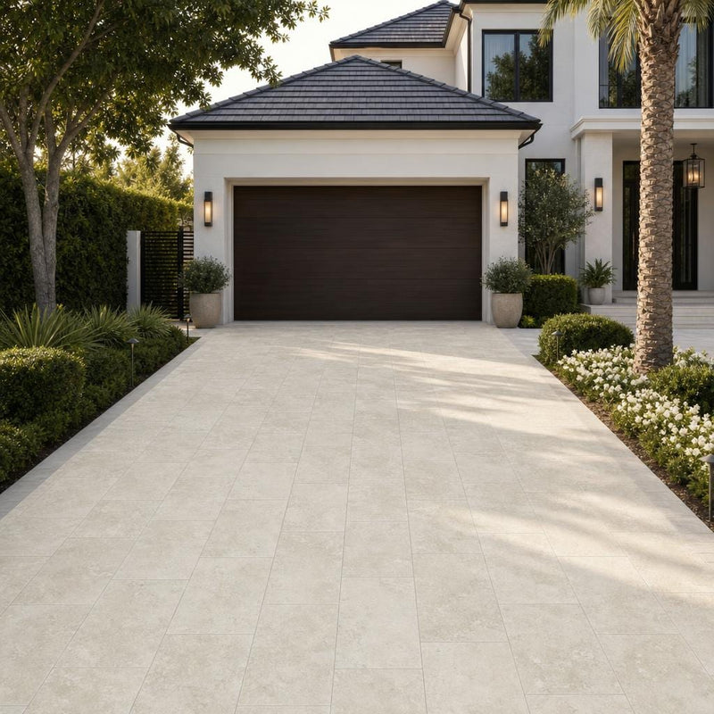 Light Travertine Paver QDI - Tumbled, 16x24, 1.25-In — Front Yard driveway