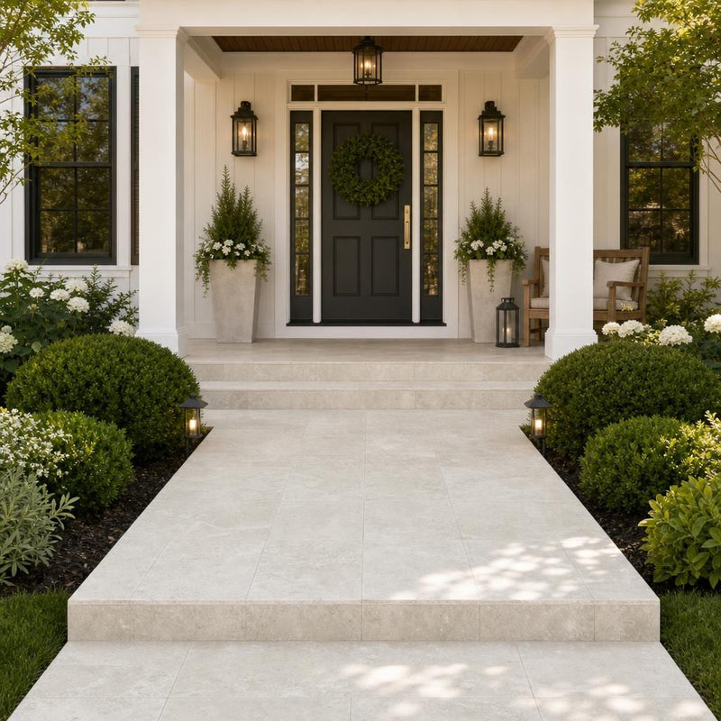 Light Travertine Paver QDI - Tumbled, 16x24, 1.25-In — Front Yard front porch