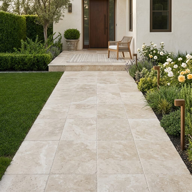 Qdi Light Travertine Paver 16x24 Tumbled 2 inch — Front Yard walkway