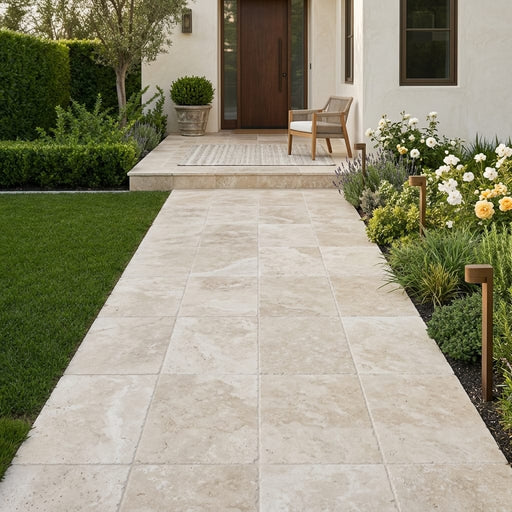 Qdi Light Travertine Paver 16x24 Tumbled 2 inch — Front Yard walkway