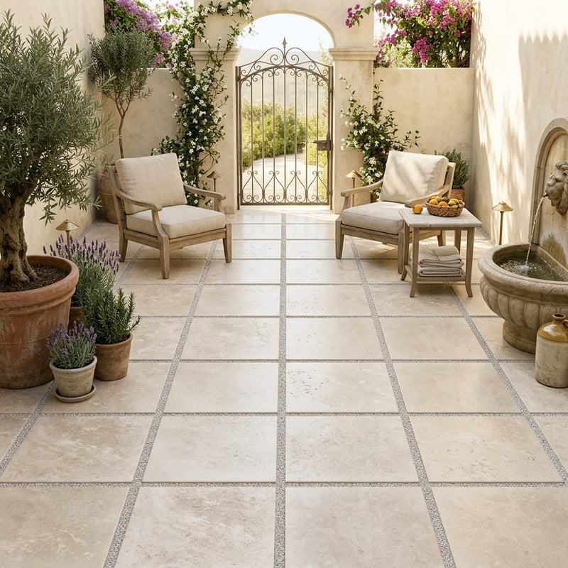 QDI Light Travertine Paver Tumbled, Beige 24x24 in — Courtyard paving