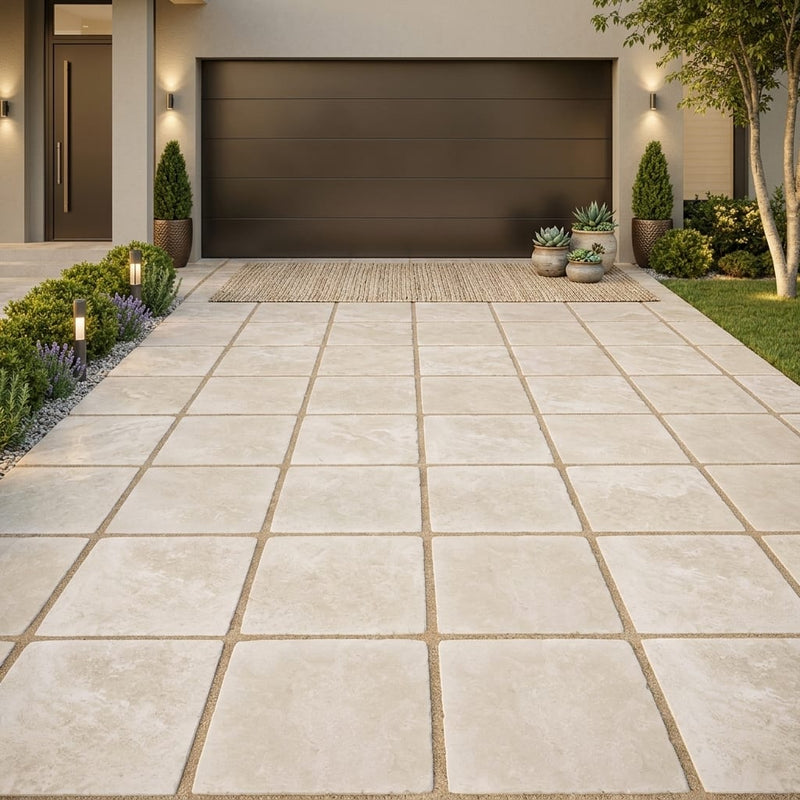 QDI Light Travertine Paver Tumbled, Beige 24x24 in — Front Yard driveway