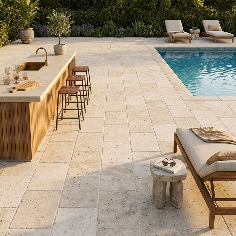Light Travertine QDI Paver 24x36 Tumbled in Beige, 1.25 inch — Backyard pool deck
