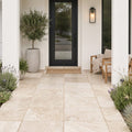 Light Travertine QDI Paver 24x36 Tumbled in Beige, 1.25 inch — Front Yard front porch