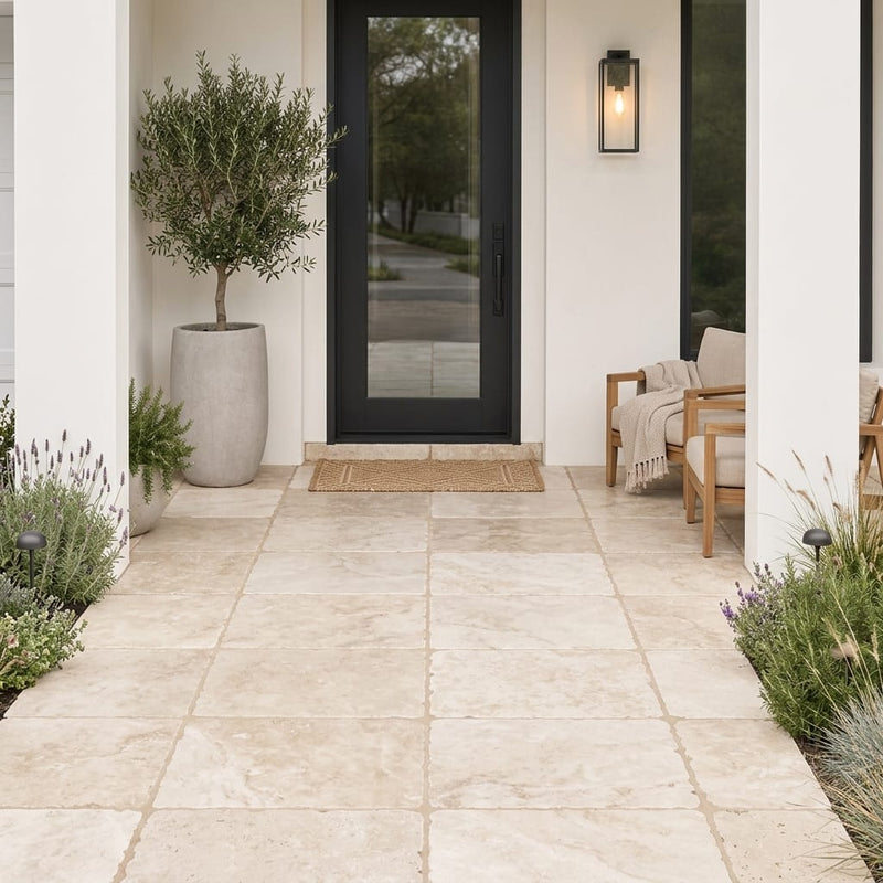 Light Travertine QDI Paver 24x36 Tumbled in Beige, 1.25 inch — Front Yard front porch