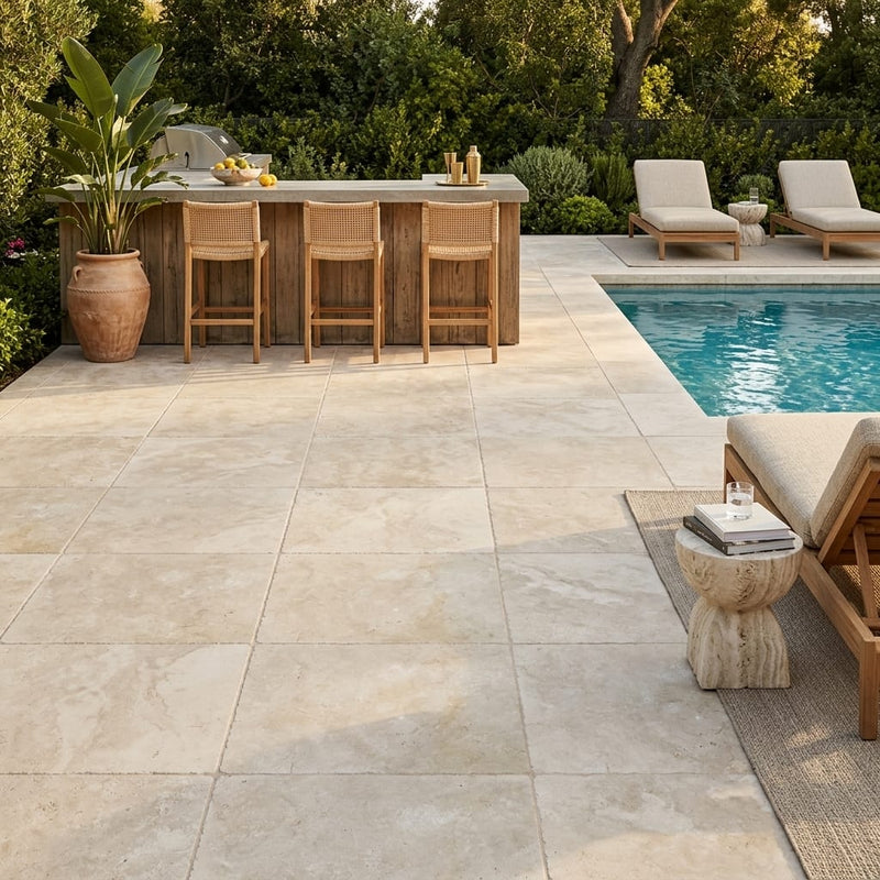 Qdi Light Travertine Paver 24x36 Tumbled 5 cm — Backyard pool deck