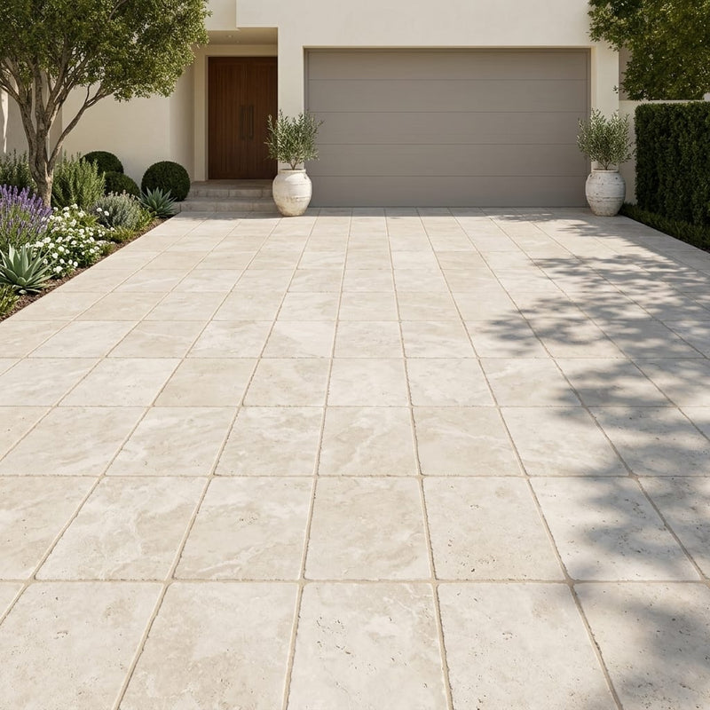 Qdi Light Travertine Paver 24x36 Tumbled 5 cm — Front Yard driveway