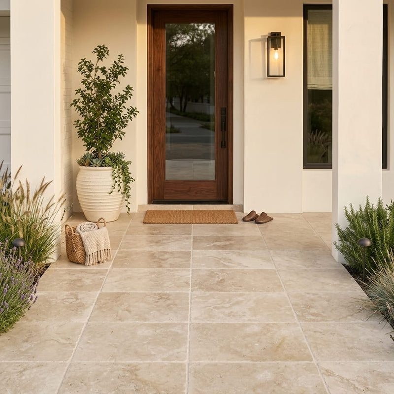 Qdi Light Travertine Paver 24x36 Tumbled 5 cm — Front Yard front porch
